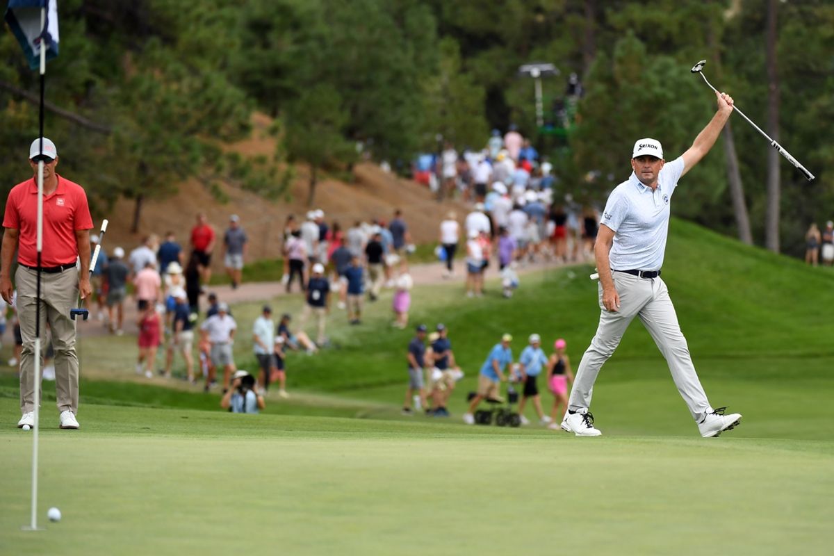 Aug 24, 2024; Castle Rock, Colorado, USA; Keegan Bradley reacts as his putt for birdie comes within one foot of the hole on the 17th hole during the third round of the BMW Championship golf tournament at Castle Pines Golf Club. Mandatory Credit: Christopher Hanewinckel-USA TODAY Sports
