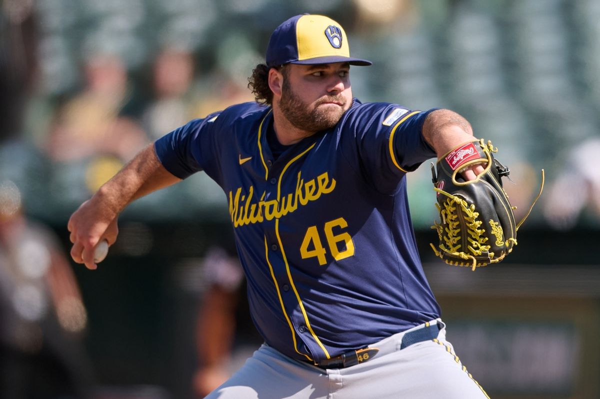 Aug 24, 2024; Oakland, California, USA; Milwaukee Brewers pitcher Bryse Wilson (46) throws a pitch against the Oakland Athletics during the ninth inning at Oakland-Alameda County Coliseum. Mandatory Credit: Robert Edwards-Imagn Images