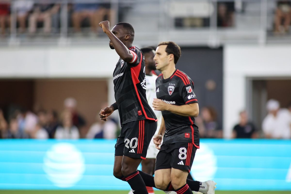 Aug 24, 2024; Washington, District of Columbia, USA; D.C. United forward Christian Benteke (20) celebrates after scoring a goal against FC Dallas in the first half at Audi Field. Mandatory Credit: Daniel Kucin Jr.-USA TODAY Sports