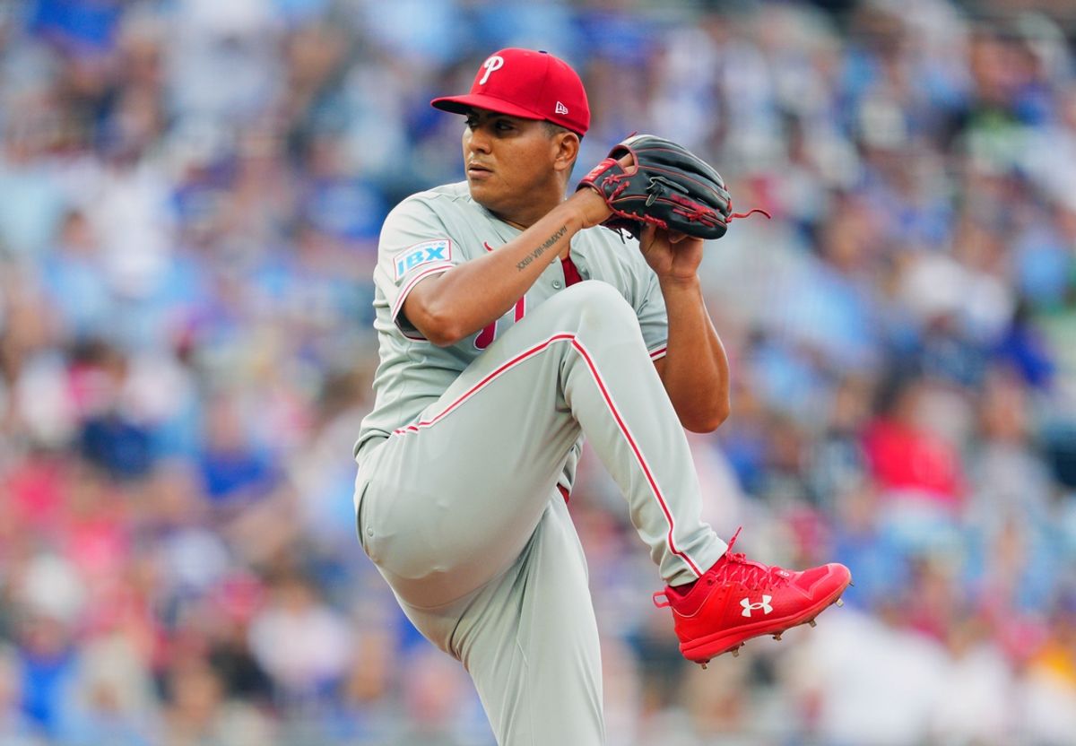 Aug 24, 2024; Kansas City, Missouri, USA; Philadelphia Phillies starting pitcher Ranger Suarez (55) pitches during the first inning against the Kansas City Royals at Kauffman Stadium. Mandatory Credit: Jay Biggerstaff-Imagn Images