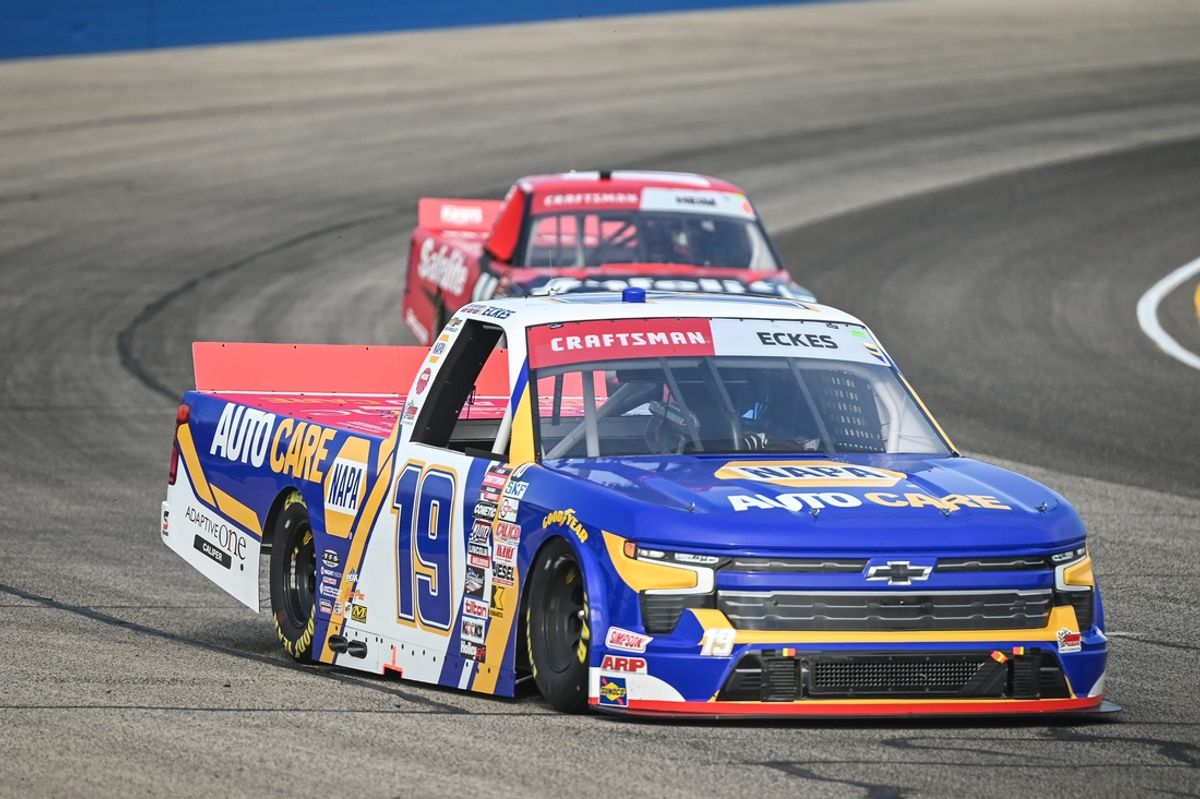 Christian Eckes leads Corey Heim through Turn 4 during practice for the NASCAR Craftsman Truck Series LiUNA! 175 on Saturday, August 24, 2024, at the Milwaukee Mile in West Allis, Wisconsin. The race is Sunday.