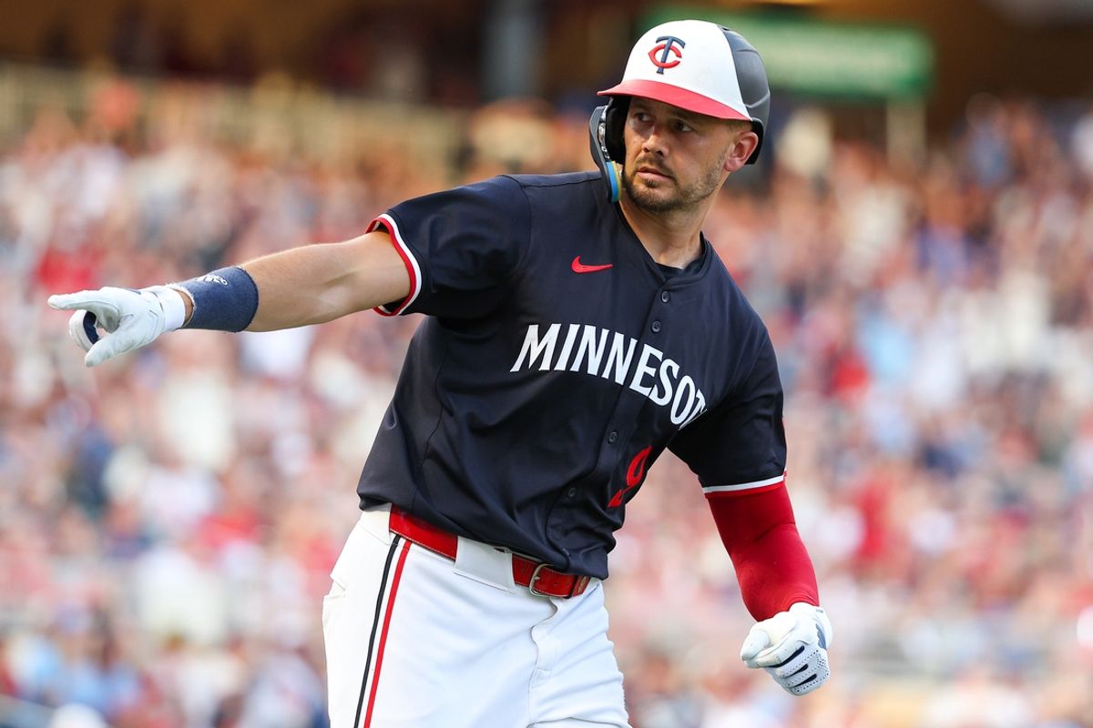 Aug 24, 2024; Minneapolis, Minnesota, USA; Minnesota Twins left fielder Trevor Larnach (9) celebrates his three-run home run against the St. Louis Cardinals during the third inning at Target Field. Mandatory Credit: Matt Krohn-USA TODAY Sports
