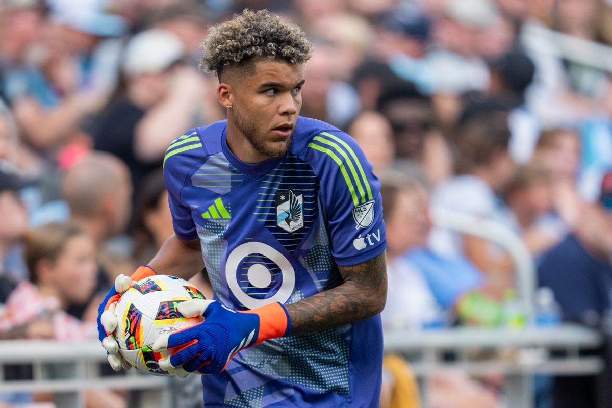 Aug 24, 2024; Saint Paul, Minnesota, USA; Minnesota United goalkeeper Dayne St. Clair (97) retrieves a ball in the first half against Seattle Sounders FC at Allianz Field. Mandatory Credit: Matt Blewett-USA TODAY Sports