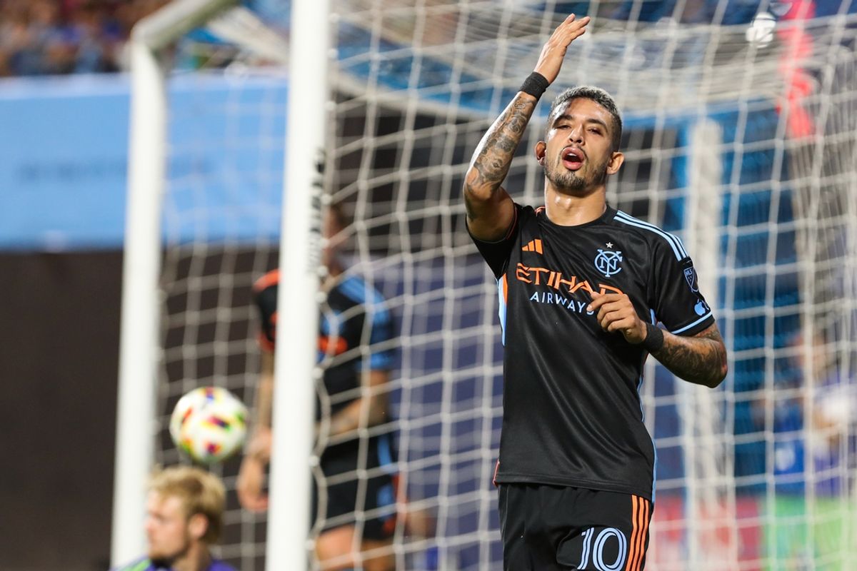 Aug 24, 2024; Queens, New York, USA; New York City midfielder Santiago Rodríguez (10) reacts after his goal is called offsides against the Chicago Fire during the the first half at Citi Field. Mandatory Credit: Tom Horak-USA TODAY Sports