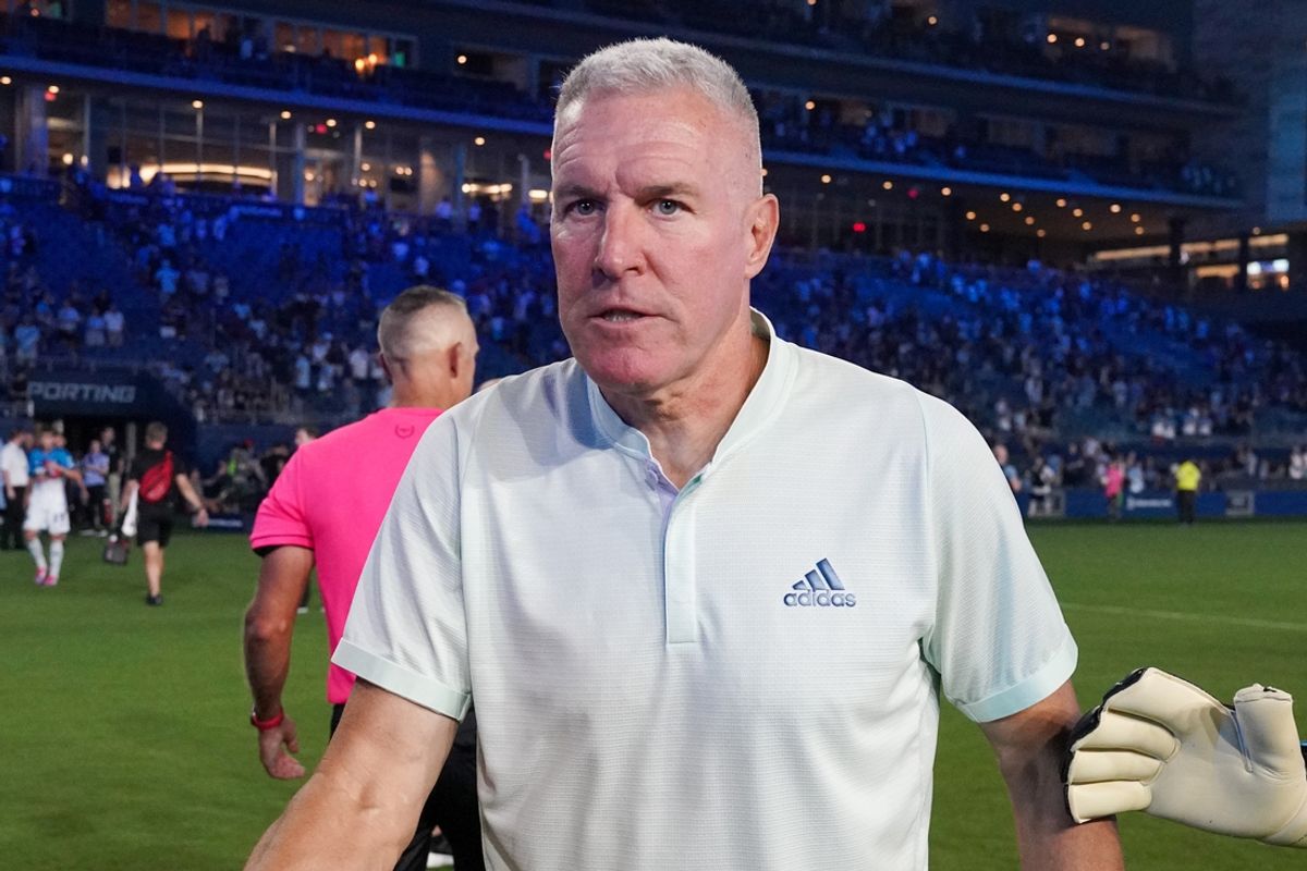 Aug 24, 2024; Kansas City, Kansas, USA; Sporting Kansas City head coach Peter Vermes on field after the win over Orlando City at Children's Mercy Park. Mandatory Credit: Denny Medley-Imagn Images