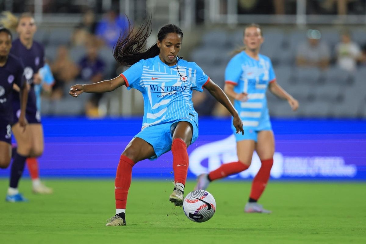 Aug 24, 2024; Louisville, Kentucky, USA; Chicago Stars forward Nadia Gomes (26) controls the ball against Racing Louisville FC during the second half at Lynn Family Stadium. Mandatory Credit: Katie Stratman-Imagn Images