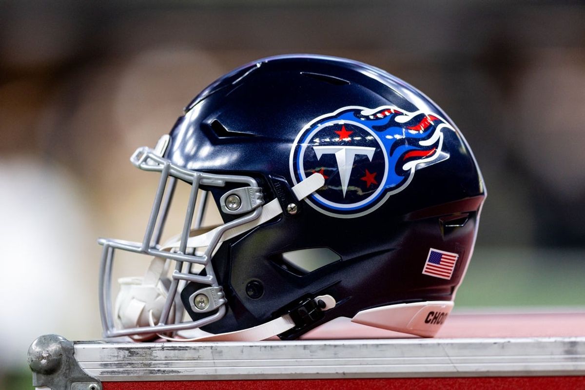 Aug 25, 2024; New Orleans, Louisiana, USA;  Detailed view of the Tennessee Titans helmet against the New Orleans Saints during the first half at Caesars Superdome. Mandatory Credit: Stephen Lew-Imagn Images