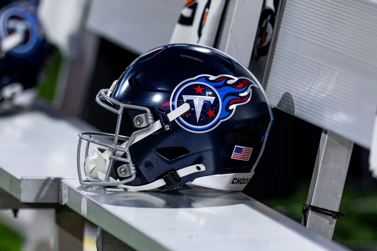 Aug 25, 2024; New Orleans, Louisiana, USA;  Detailed view of the Tennessee Titans helmet against the New Orleans Saints during the first half at Caesars Superdome. Mandatory Credit: Stephen Lew-Imagn Images