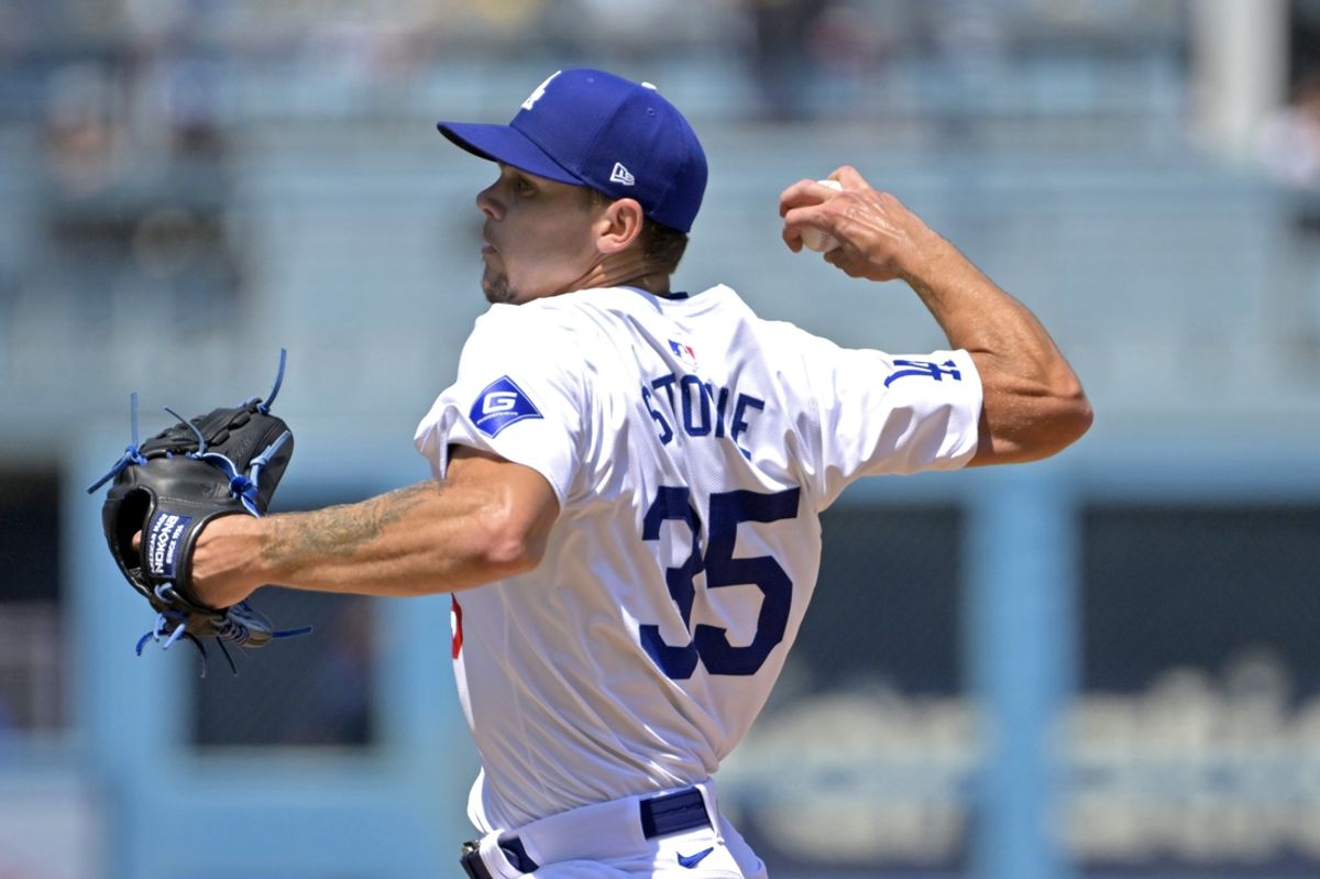Aug 25, 2024; Los Angeles, California, USA;  Los Angeles Dodgers starting pitcher Gavin Stone (35) delivers in the first inning against the Tampa Bay Rays at Dodger Stadium. Mandatory Credit: Jayne Kamin-Oncea-Imagn Images