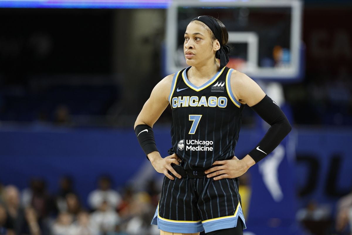 Aug 25, 2024; Chicago, Illinois, USA; Chicago Sky guard Chennedy Carter (7) looks on during the first half at Wintrust Arena. Mandatory Credit: Kamil Krzaczynski-Imagn Images