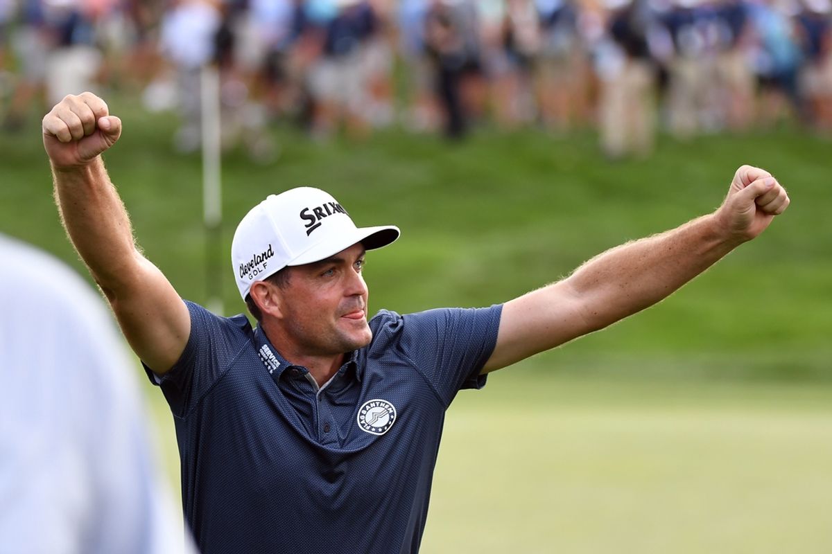 Aug 25, 2024; Castle Rock, Colorado, USA; Keegan Bradley celebrates after winning the BMW Championship golf tournament at Castle Pines Golf Club. Mandatory Credit: Christopher Hanewinckel-USA TODAY Sports