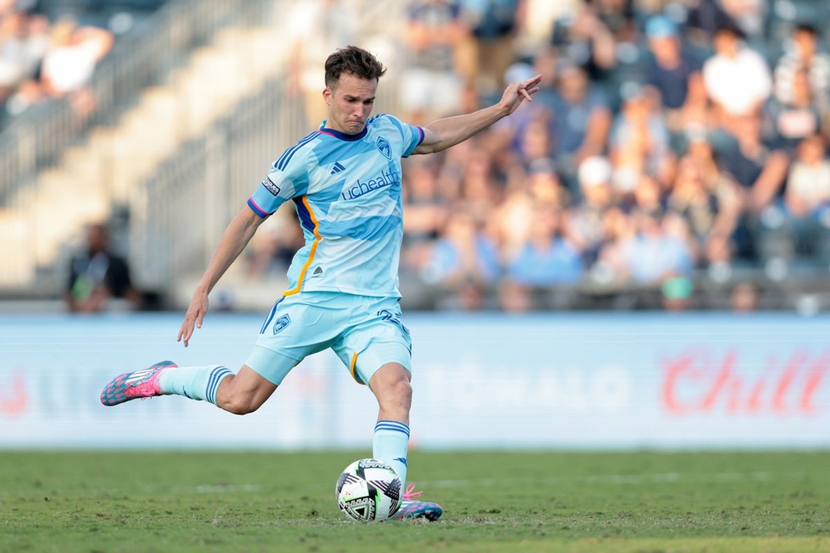Aug 25, 2024; Philadelphia, Pennsylvania, USA; Colorado Rapids midfielder Cole Bassett (23) shoots the ball against the Philadelphia Union during a penalty shootout in the Leagues Cup third place match at Subaru Park. Mandatory Credit: Caean Couto-USA TODAY Sports