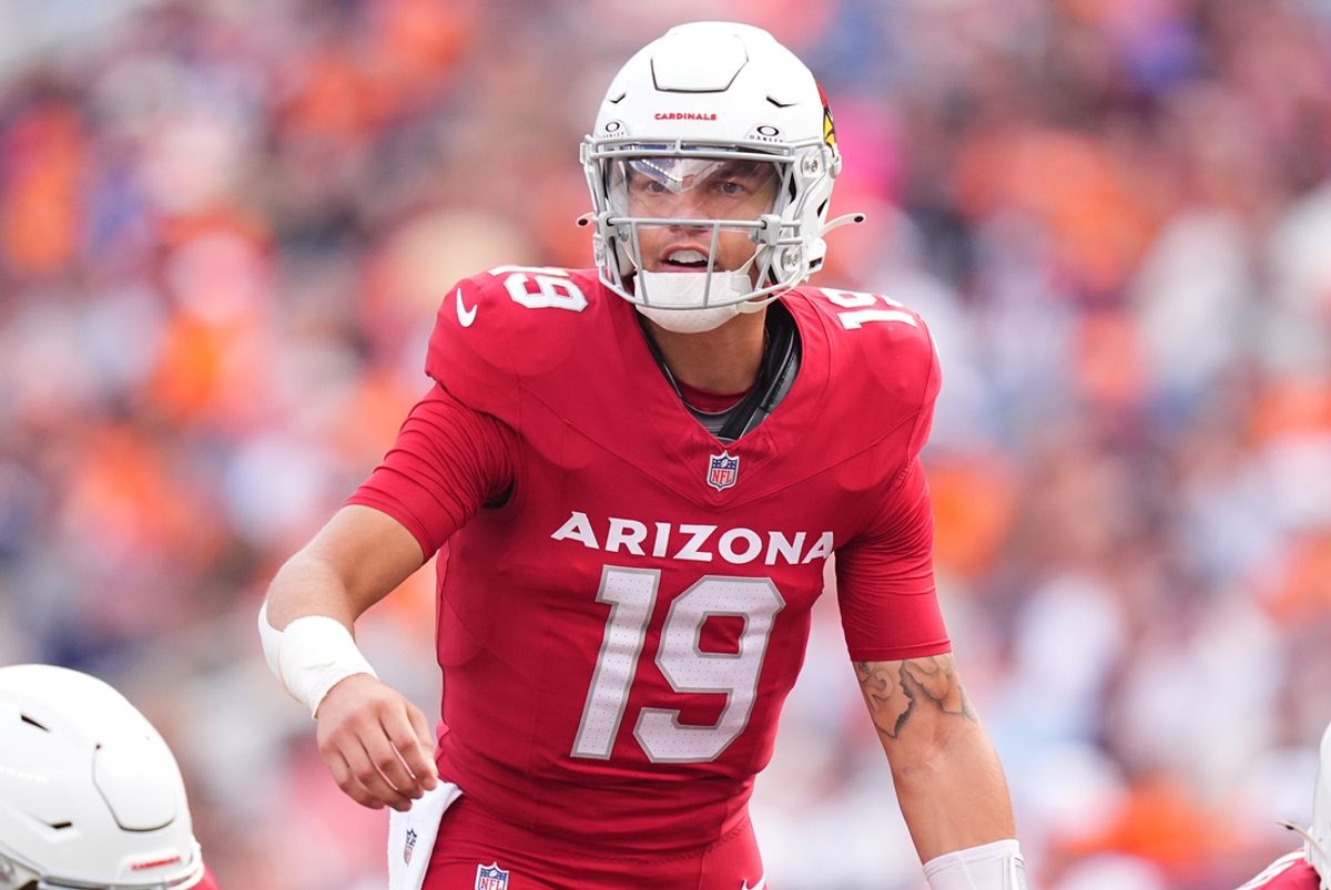 Aug 25, 2024; Denver, Colorado, USA; Arizona Cardinals quarterback Desmond Ridder (19) during the second half against the Denver Broncos at Empower Field at Mile High. Mandatory Credit: Ron Chenoy-Imagn Images