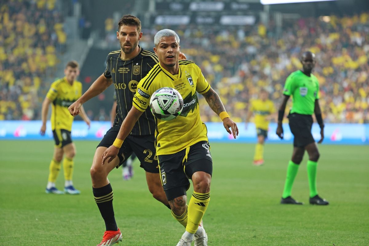 Aug 25, 2024; Columbus, Ohio, USA; Columbus Crew forward Cucho Hernandez (9) controls the ball during the first half as LAFC defender Ryan Hollingshead (24) defends at Lower.com Field. Mandatory Credit: Trevor Ruszkowski-USA TODAY Sports