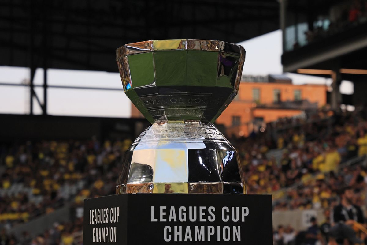 Aug 25, 2024; Columbus, Ohio, USA; A general view of the leagues cup champion trophy during the match between LAFC and Columbus Crew at Lower.com Field. Mandatory Credit: Katie Stratman-Imagn Images