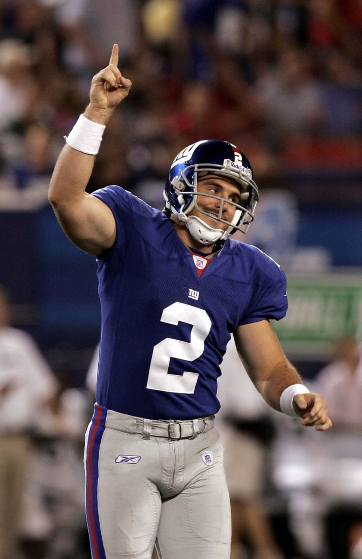 Giants kicker Jay Feely celebrates his 3rd quarter field goal against the Jets at the Meadowlands Aug. 26, 2005. The Giants won the game 15-14.