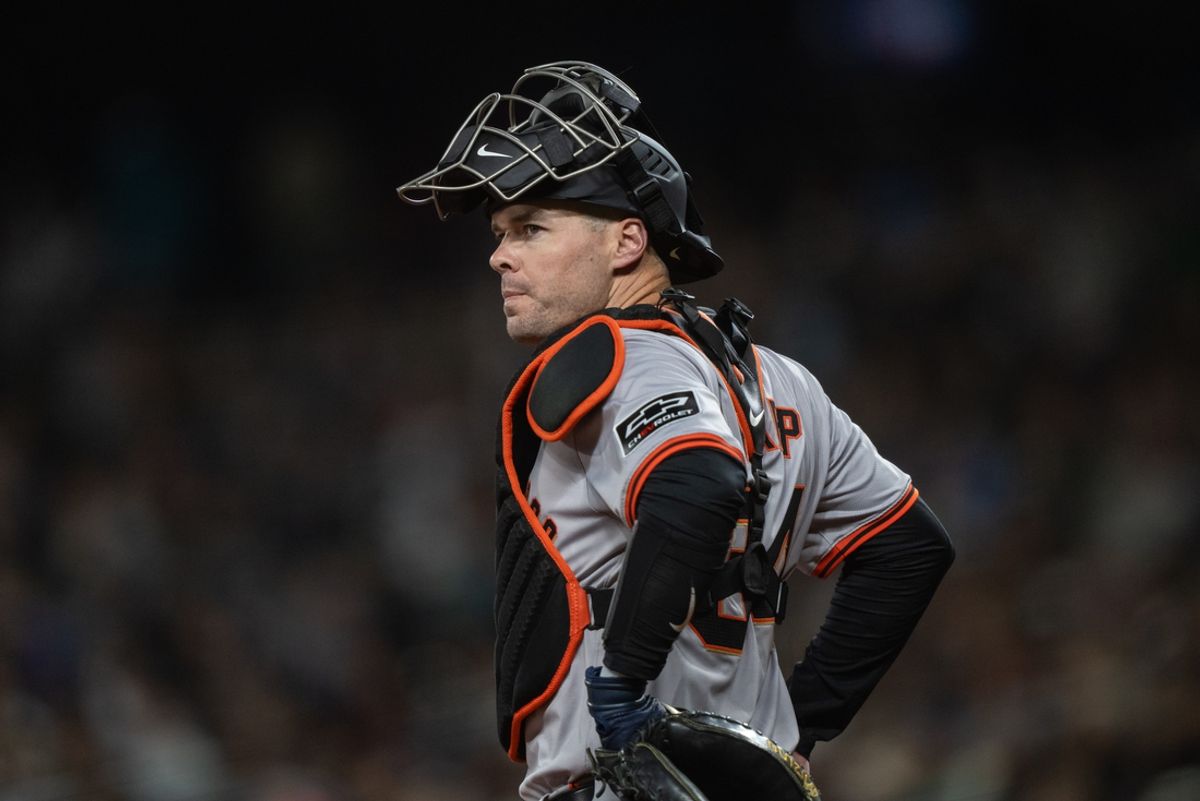 Aug 23, 2024; Seattle, Washington, USA; San Francisco Giants catcher Andrew Knapp (34) is pictured during a game Mariners at T-Mobile Park. Mandatory Credit: Stephen Brashear-Imagn Images