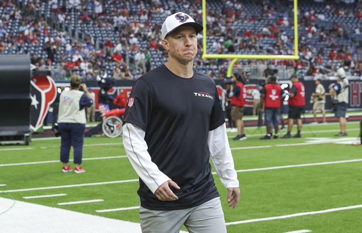 Aug 24, 2024; Houston, Texas, USA; Houston Texans offensive coordinator Bobby Slowik walks on the field before the game against the Los Angeles Rams at NRG Stadium. Mandatory Credit: Troy Taormina-Imagn Images