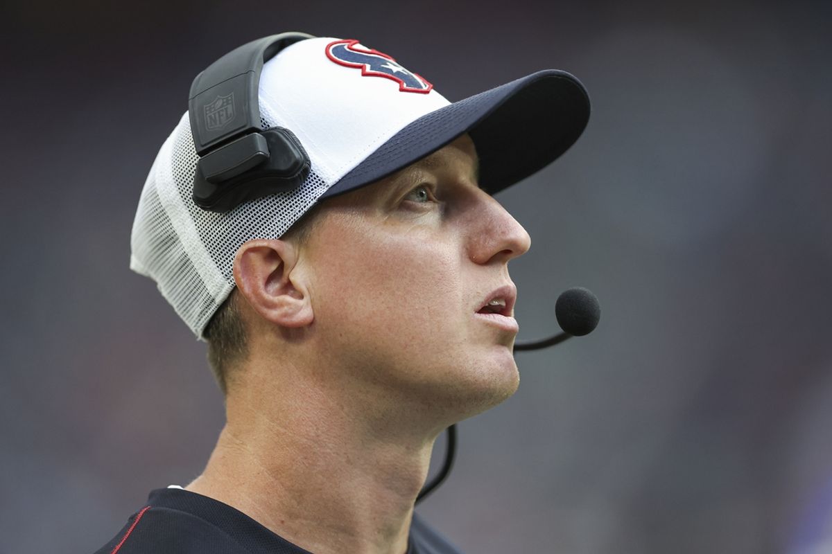 Aug 24, 2024; Houston, Texas, USA; Houston Texans offensive coordinator Bobby Slowik during the game against the Los Angeles Rams at NRG Stadium. Mandatory Credit: Troy Taormina-Imagn Images