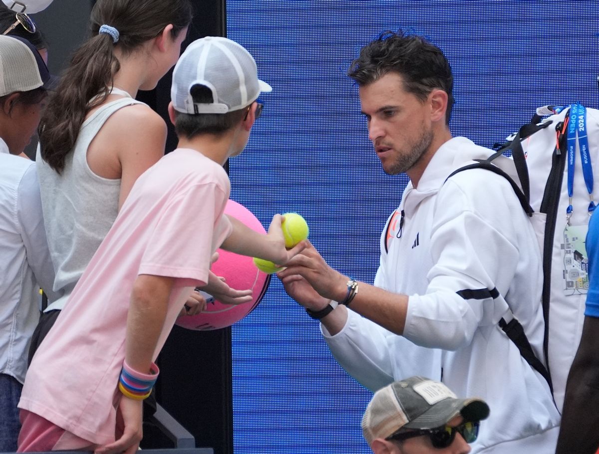 Aug 26, 2024; Flushing, NY, USA; Dominic Thiem of Austria after losing to Ben Shelton of the USA on day one of the 2024 U.S. Open tennis tournament at USTA Billie Jean King National Tennis Center. Mandatory Credit: Robert Deutsch-Imagn Images