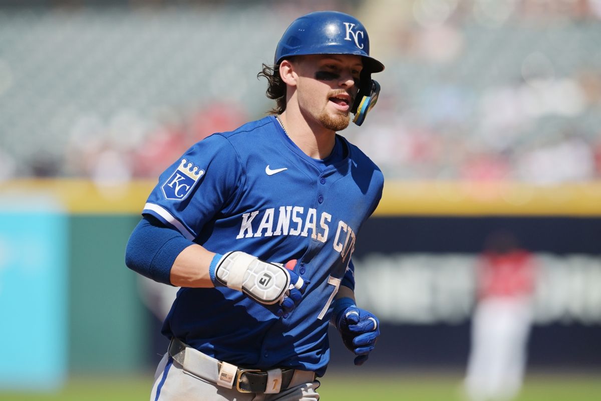 Aug 26, 2024; Cleveland, Ohio, USA; Kansas City Royals shortstop Bobby Witt Jr. (7) rounds the bases after hitting a home run during the eighth inning against the Cleveland Guardians at Progressive Field. Mandatory Credit: Ken Blaze-USA TODAY Sports