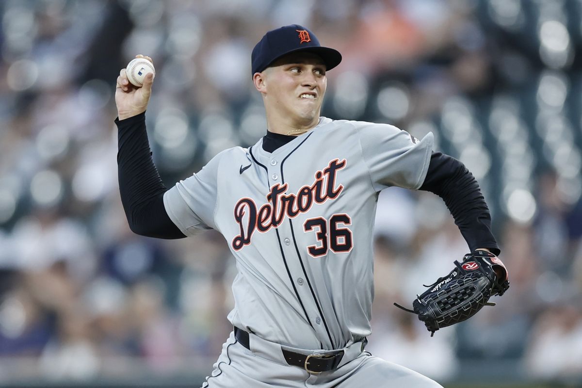 Aug 26, 2024; Chicago, Illinois, USA; Detroit Tigers starting pitcher Ty Madden (36) delivers a pitch against the Chicago White Sox during the first inning at Guaranteed Rate Field. Mandatory Credit: Kamil Krzaczynski-USA TODAY Sports