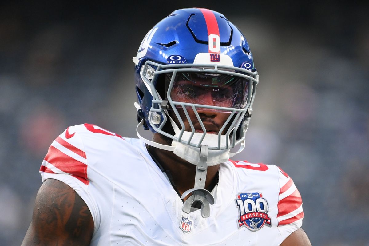 Aug 24, 2024; East Rutherford, New Jersey, USA; New York Giants linebacker Brian Burns (0) looks on prior to the game against the New York Jets at MetLife Stadium. Mandatory Credit: Rich Barnes-Imagn Images