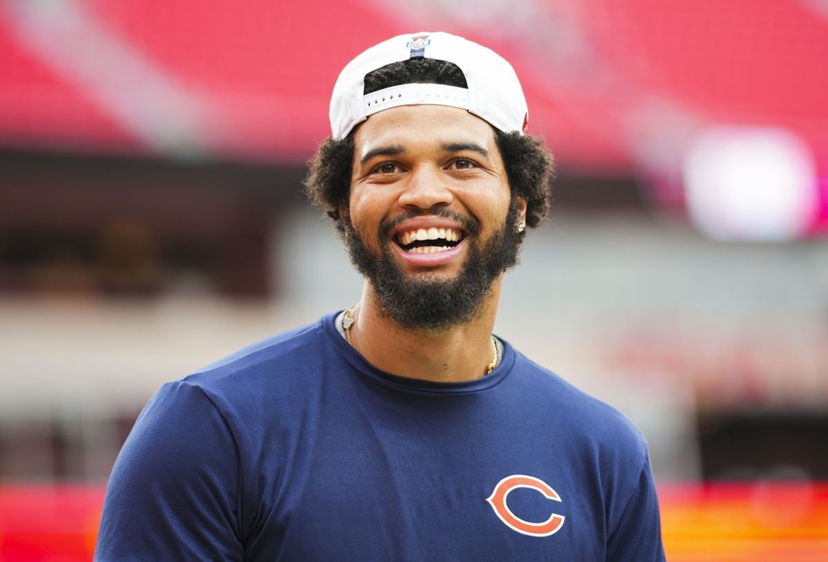 Aug 22, 2024; Kansas City, Missouri, USA; Chicago Bears quarterback Caleb Williams (18) prior to a game against the Kansas City Chiefs at GEHA Field at Arrowhead Stadium. Mandatory Credit: Jay Biggerstaff-USA TODAY Sports