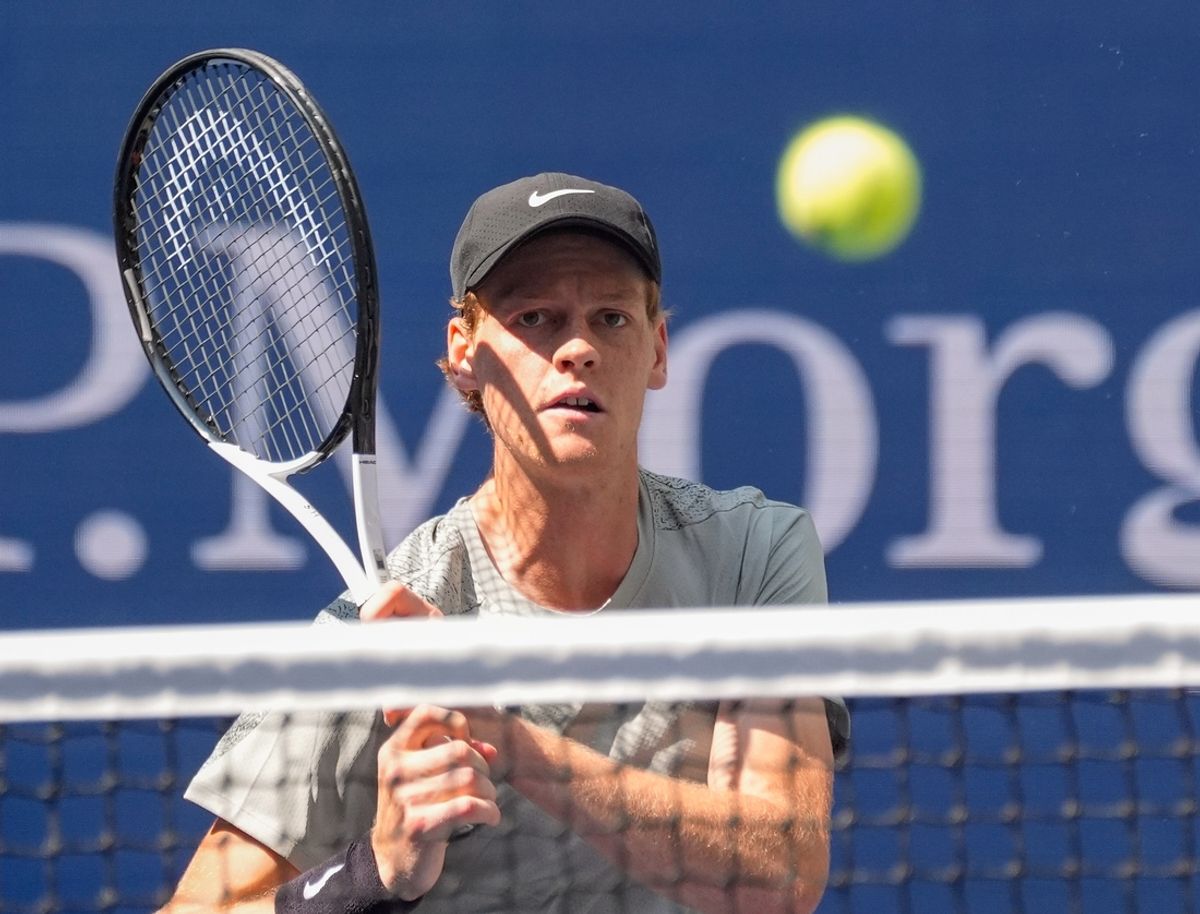 Aug 27, 2024; Flushing, NY, USA; Jannik Sinner of Italy hits to Mackenzie McDonald of the USA on day two of the 2024 U.S. Open tennis tournament at USTA Billie Jean King National Tennis Center. Mandatory Credit: Robert Deutsch-USA TODAY Sports