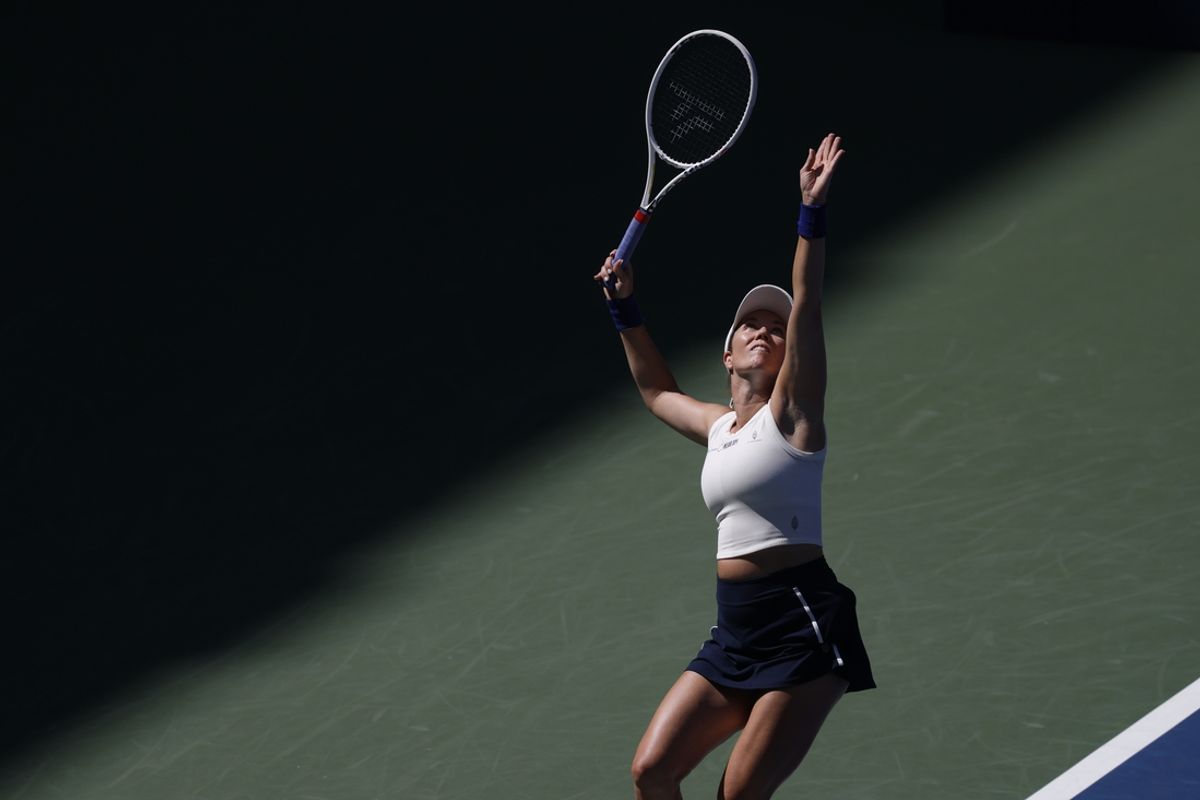 Aug 27, 2024; Flushing, NY, USA; Danielle Collins (USA) serves against Caroline Dolehide (USA)(not pictured) in a women's singles match on day two of the 2024 U.S. Open tennis tournament at USTA Billie Jean King National Tennis Center. Mandatory Credit: Geoff Burke-Imagn Images