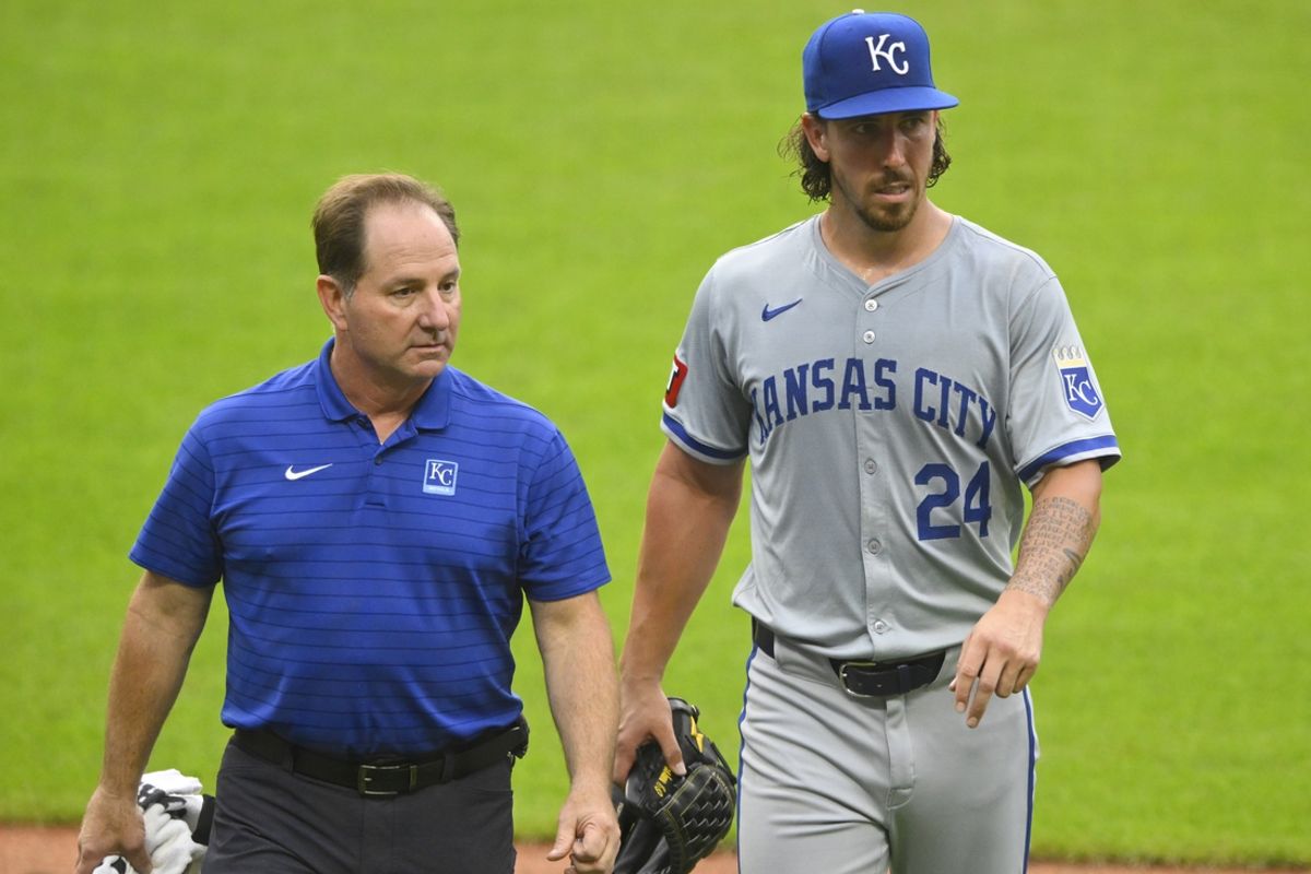 Aug 27, 2024; Cleveland, Ohio, USA; Kansas City Royals starting pitcher Michael Lorenzen (24) walks off the field with an apparent injury in the second inning against the Cleveland Guardians at Progressive Field. Mandatory Credit: David Richard-USA TODAY Sports