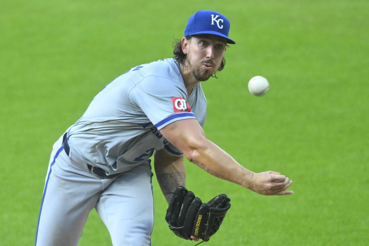 Aug 27, 2024; Cleveland, Ohio, USA; Kansas City Royals starting pitcher Michael Lorenzen (24) delivers a pitch in the first inning against the Cleveland Guardians at Progressive Field. Mandatory Credit: David Richard-Imagn Images