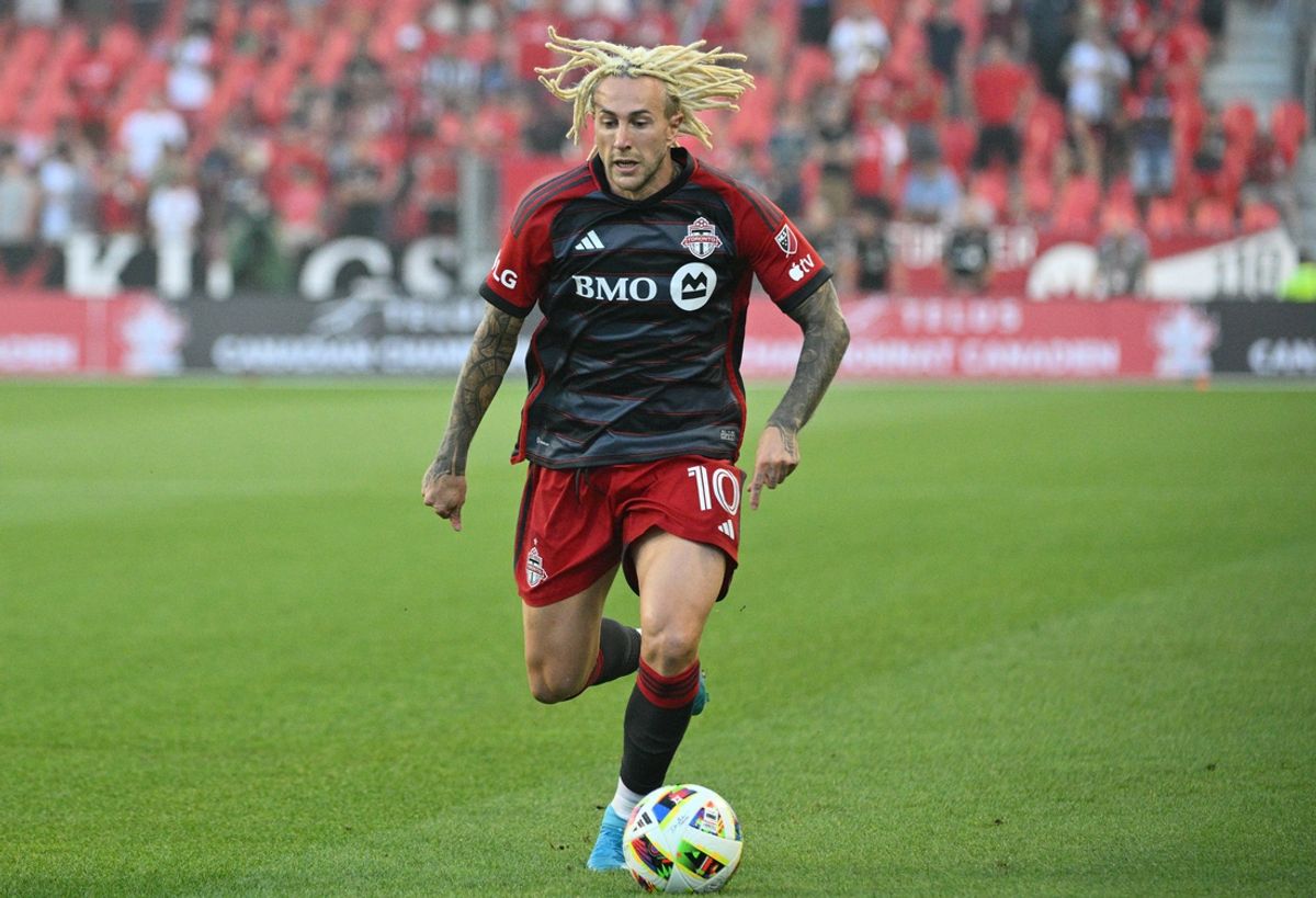 Aug 27, 2024; Toronto, Ontario, CAN;  Toronto FC forward Federico Bernardeschi (10) pursues the ball against the Hamilton Forge in the first half at BMO Field. Mandatory Credit: Dan Hamilton-Imagn Images