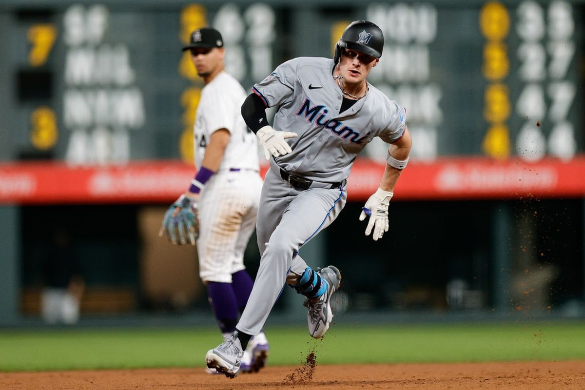 Aug 27, 2024; Denver, Colorado, USA; Miami Marlins right fielder Griffin Conine (56) rounds second on a triple in the sixth inning against the Colorado Rockies at Coors Field. Mandatory Credit: Isaiah J. Downing-USA TODAY Sports
