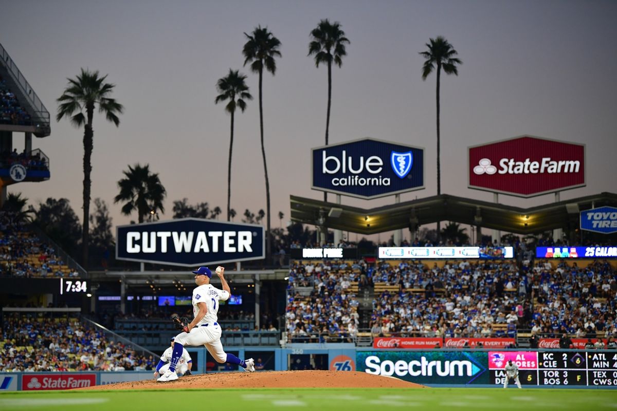 Aug 27, 2024; Los Angeles, California, USA; Los Angeles Dodgers pitcher Jack Flaherty (0) throws against the Baltimore Orioles during the third inning at Dodger Stadium. Mandatory Credit: Gary A. Vasquez-Imagn Images