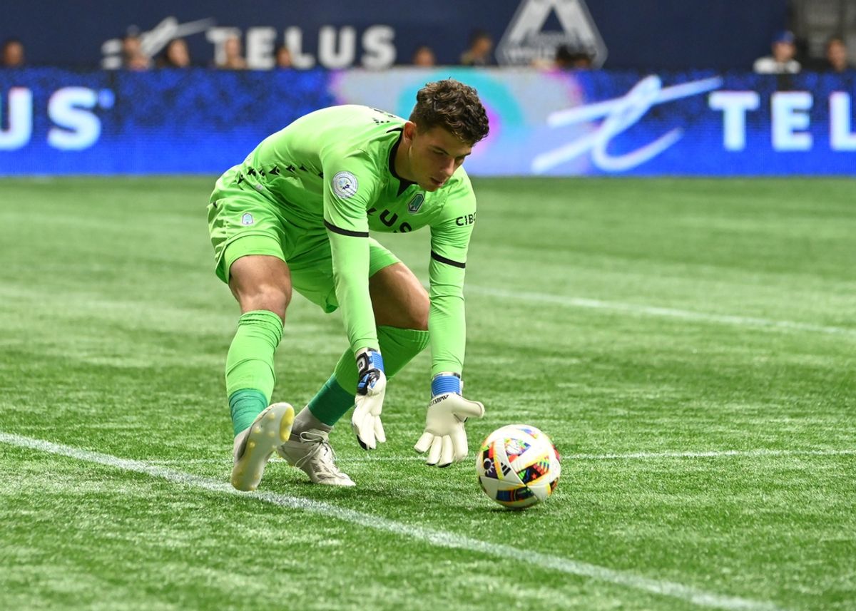 Aug 27, 2024; Vancouver, British Columbia, CAN; Pacific FC goalkeeper Emil Gazdov (1) controls the ball against Vancouver Whitecaps FC during first half  at BC Place. Mandatory Credit: Simon Fearn-Imagn Images