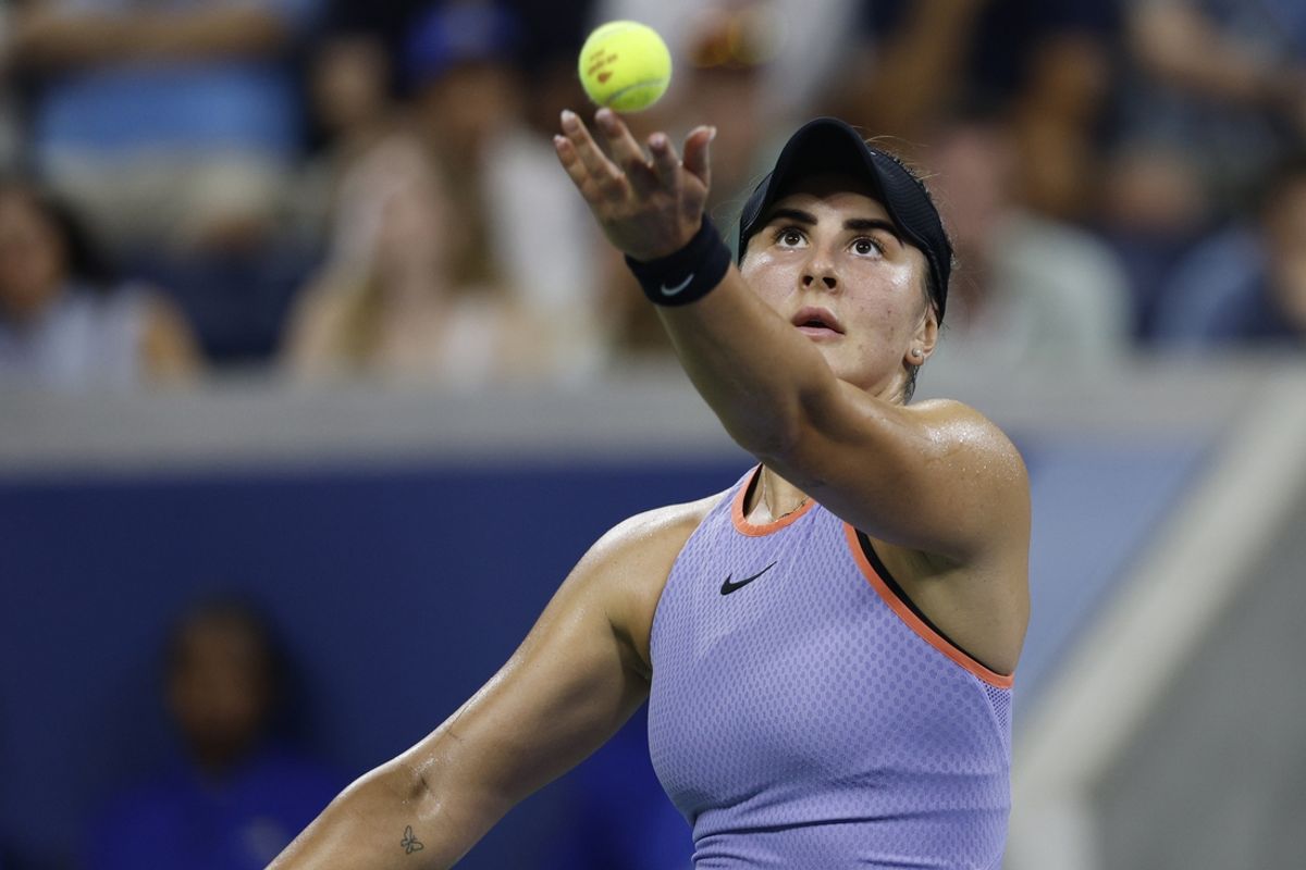 Aug 27, 2024; Flushing, NY, USA; Bianca Andreescu (CAN) serves against Jasmine Paolini (ITA)(not pictured) in a women's singles match on day two of the 2024 U.S. Open tennis tournament at USTA Billie Jean King National Tennis Center. Mandatory Credit: Geoff Burke-Imagn Images