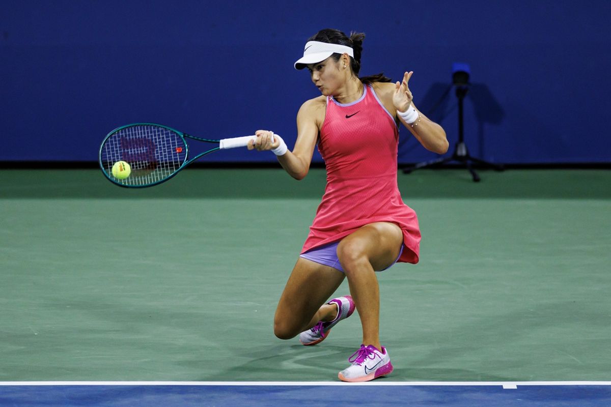 Aug 27, 2024; Flushing, NY, USA; Emma Raducanu of Great Britain in action against Sofia Kenin of the United States in the first round of the womenís singles in the US Open at the USTA Billie Jean King Tennis Center. Mandatory Credit: Mike Frey-Imagn Images