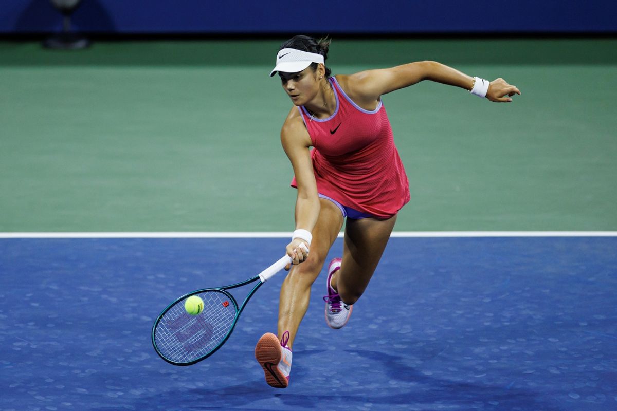 Aug 27, 2024; Flushing, NY, USA; Emma Raducanu of Great Britain in action against Sofia Kenin of the United States in the first round of the womenís singles in the US Open at the USTA Billie Jean King Tennis Center. Mandatory Credit: Mike Frey-Imagn Images