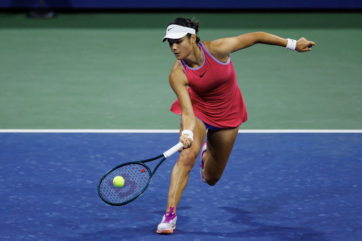 Aug 27, 2024; Flushing, NY, USA; Emma Raducanu of Great Britain in action against Sofia Kenin of the United States in the first round of the womenís singles in the US Open at the USTA Billie Jean King Tennis Center. Mandatory Credit: Mike Frey-Imagn Images