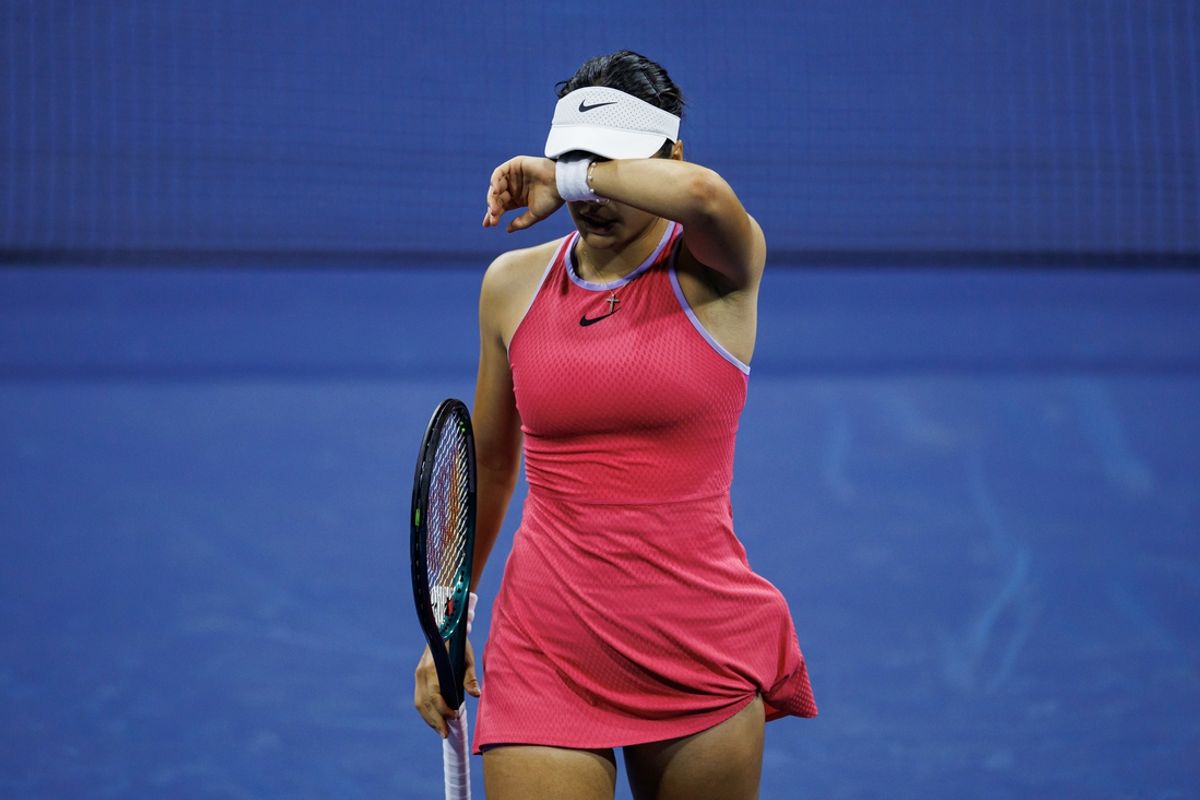 Aug 27, 2024; Flushing, NY, USA; Emma Raducanu of Great Britain in action against Sofia Kenin of the United States in the first round of the womenís singles in the US Open at the USTA Billie Jean King Tennis Center. Mandatory Credit: Mike Frey-Imagn Images