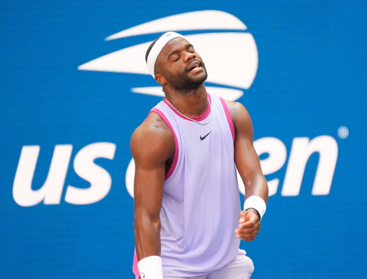 Aug 28, 2024; Flushing, NY, USA;  Frances Tiafoe (USA)after a miss to Alexander Shevchenko (KAZ) on day three of the 2024 U.S. Open tennis tournament at USTA Billie Jean King National Tennis Center. Mandatory Credit: Robert Deutsch-USA TODAY Sports