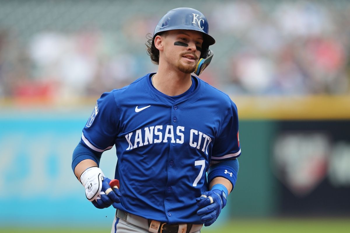 Aug 28, 2024; Cleveland, Ohio, USA; Kansas City Royals shortstop Bobby Witt Jr. (7) rounds the bases after hitting a home run during the third inning against the Cleveland Guardians at Progressive Field. Mandatory Credit: Ken Blaze-USA TODAY Sports