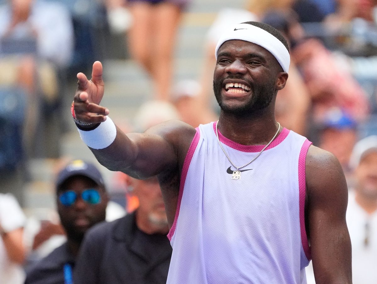 Aug 28, 2024; Flushing, NY, USA;  Frances Tiafoe (USA) after Alexander Shevchenko (KAZ) retired from injury on day three of the 2024 U.S. Open tennis tournament at USTA Billie Jean King National Tennis Center. Mandatory Credit: Robert Deutsch-USA TODAY Sports