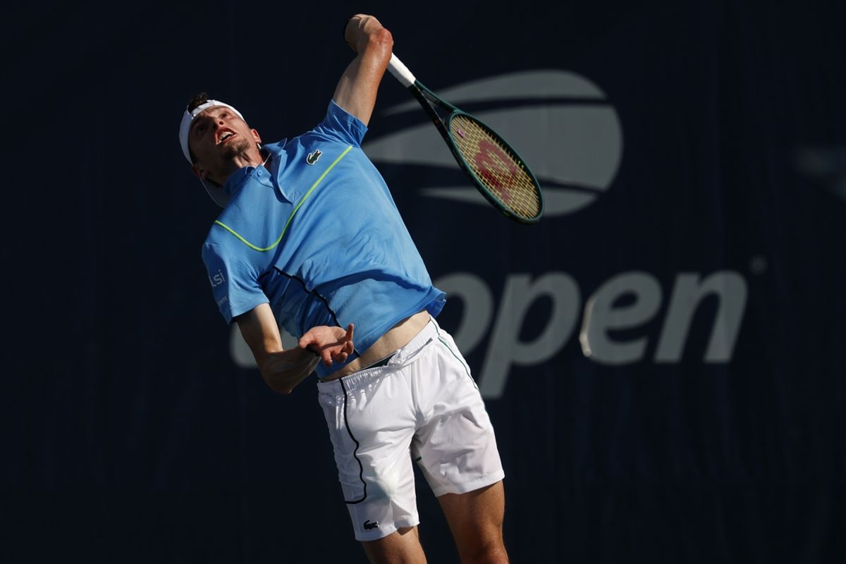 Aug 28, 2024; Flushing, NY, USA; Ugo Humbert (FRA) serves against Francisco Comesana (ARG)(not pictured) in a men's singles match on day three of the U.S. Open tennis tournament at USTA Billie Jean King National Tennis Center. Mandatory Credit: Geoff Burke-Imagn Images
