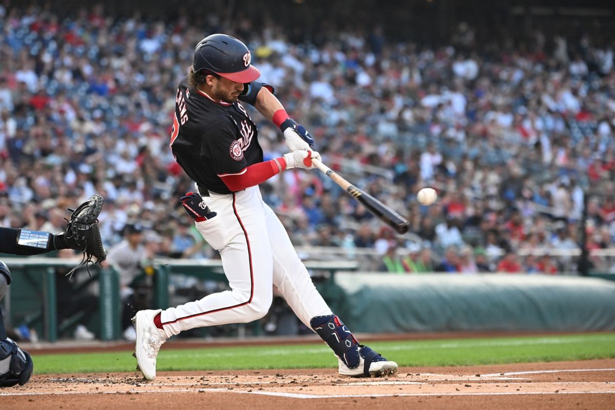 Aug 28, 2024; Washington, District of Columbia, USA; Washington Nationals center fielder Dylan Crews (3) hits his first career home run against the New York Yankees during the first inning at Nationals Park. Mandatory Credit: Rafael Suanes-USA TODAY Sports