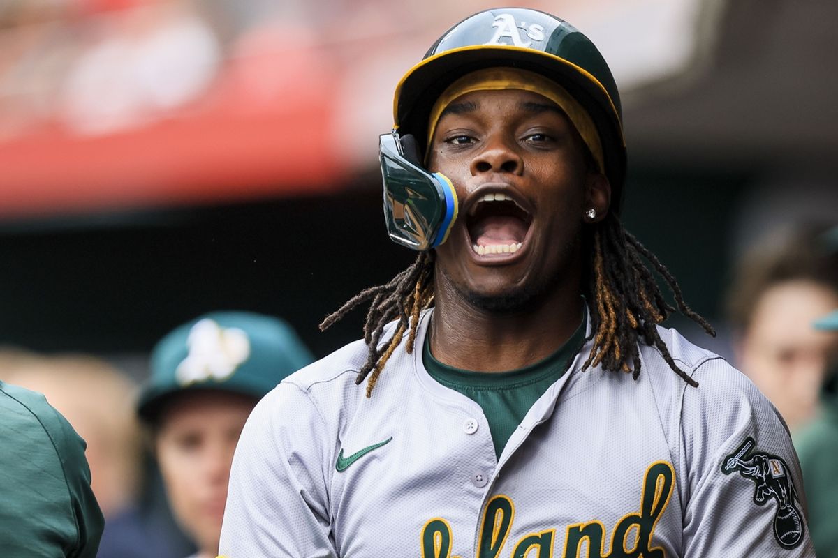 Aug 28, 2024; Cincinnati, Ohio, USA; Oakland Athletics outfielder Lawrence Butler (4) reacts after hitting a solo home run in the first inning against the Cincinnati Reds at Great American Ball Park. Mandatory Credit: Katie Stratman-Imagn Images