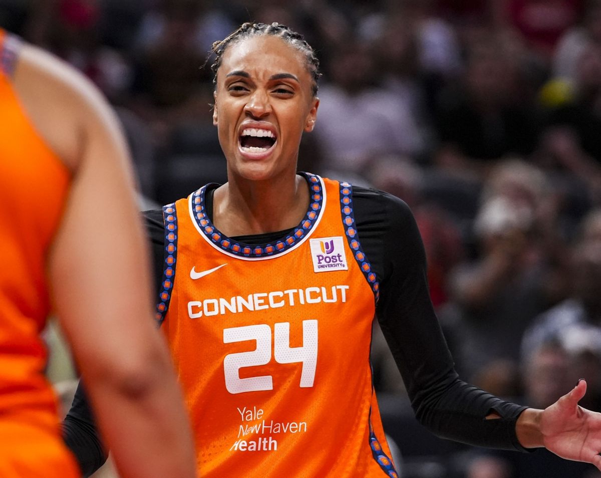 Aug 28, 2024; Indianapolis, Indiana, USA; Connecticut Sun forward DeWanna Bonner (24) celebrates during a game between the Indiana Fever and the Connecticut Sun at Gainbridge Fieldhouse. Mandatory Credit: Grace Smith-INDIANAPOLIS STAR-Imagn Images