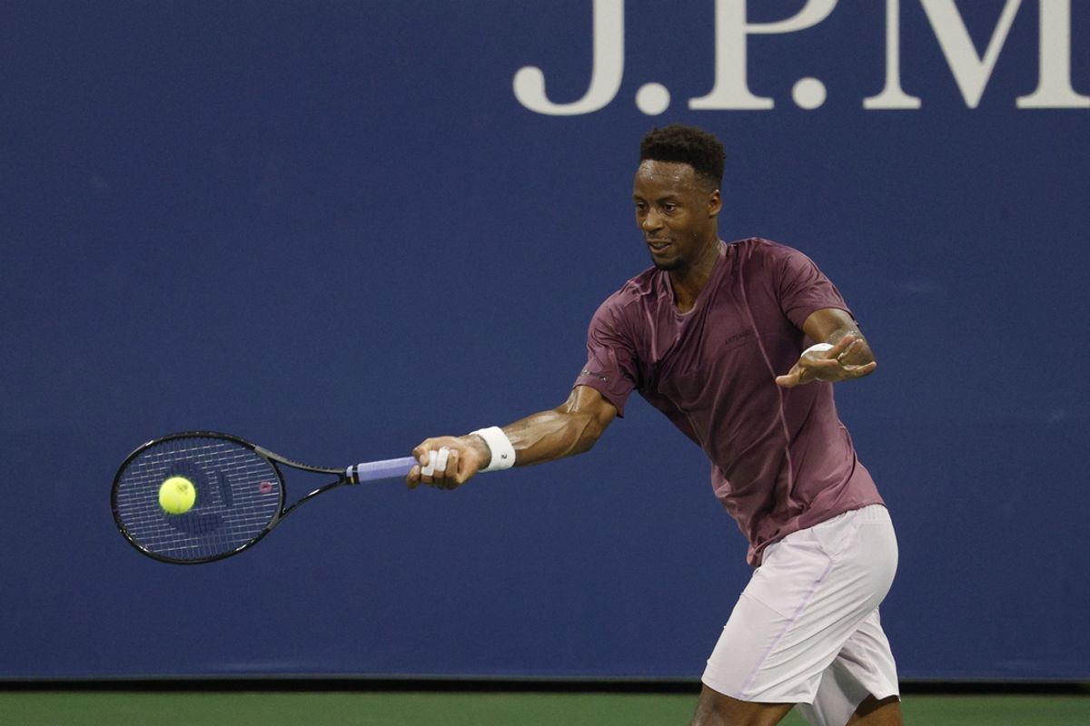 Aug 28, 2024; Flushing, NY, USA; Gael Monfils (FRA) hits a forehand against Casper Ruud (NOR)(not pictured) in a men's singles match on day three of the U.S. Open tennis tournament at USTA Billie Jean King National Tennis Center. Mandatory Credit: Geoff Burke-Imagn Images