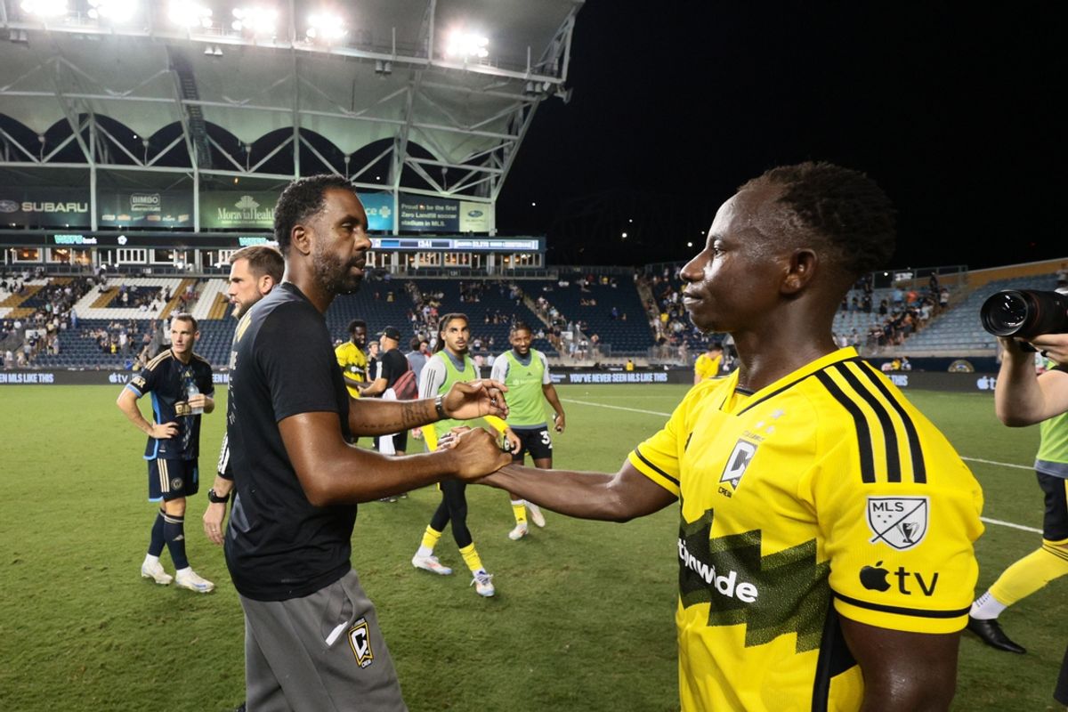 Aug 28, 2024; Philadelphia, Pennsylvania, USA; Columbus Crew head coach Wilfried Nancy celebrates with midfielder Yaw Yeboah (14) after the match against the Philadelphia Union at Subaru Park. Mandatory Credit: Caean Couto-USA TODAY Sports